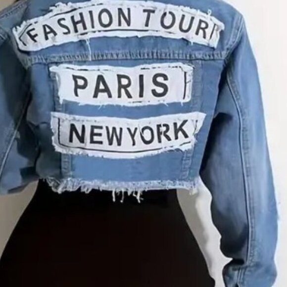 Denim Alphabet Print Cropped Jacket - Picture 1 of 5